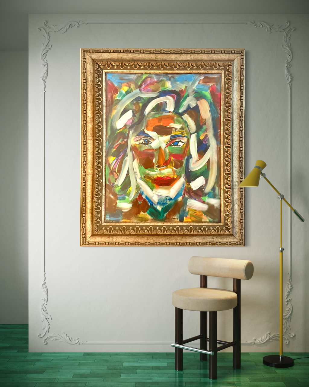 Original Abstract Portrait Oil Painting – Vivid Expressionist Face in Luxury Gold Frame