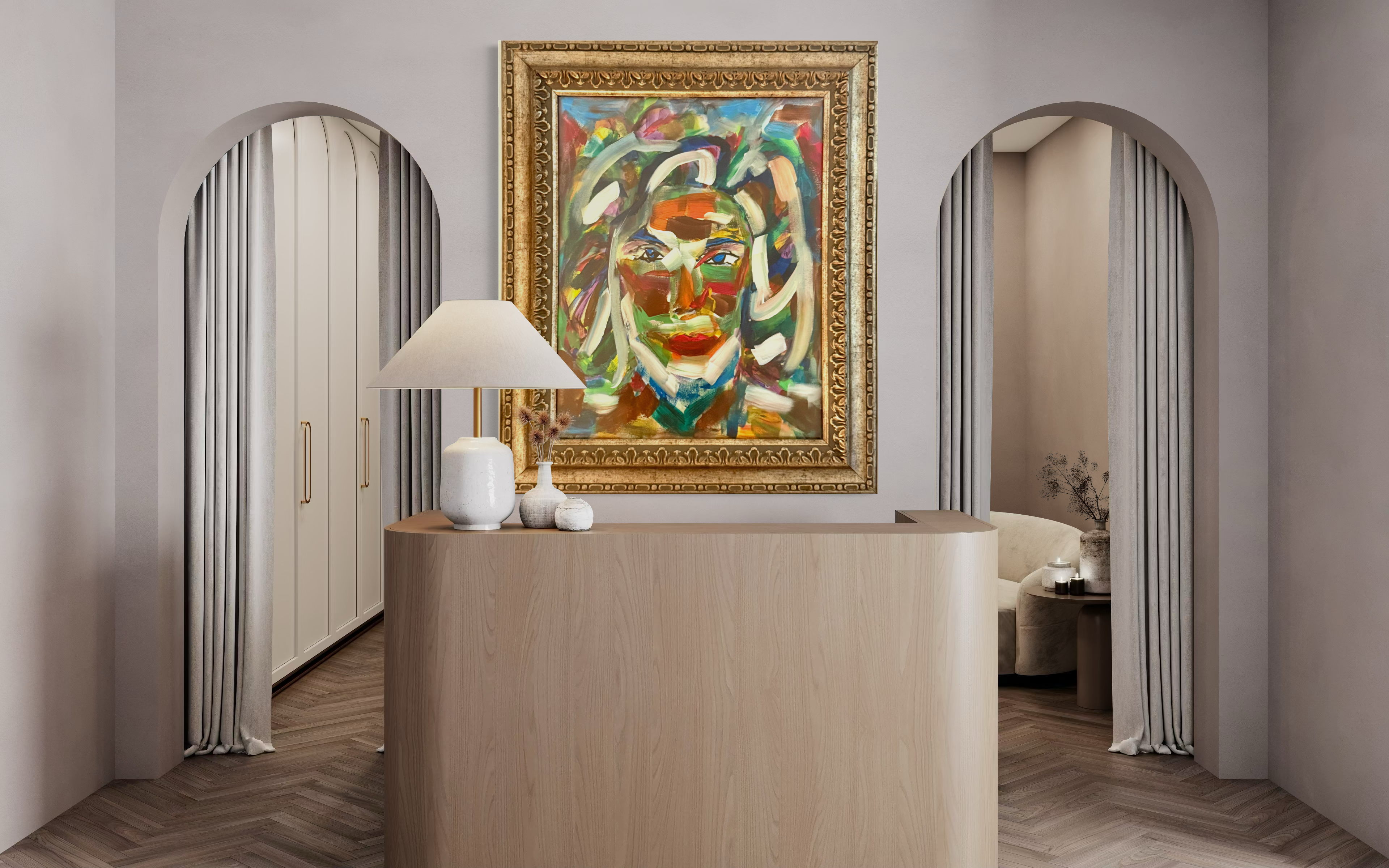 Original Abstract Portrait Oil Painting – Vivid Expressionist Face in Luxury Gold Frame