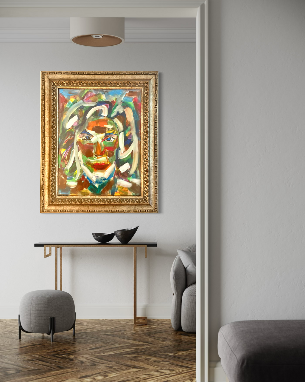 Original Abstract Portrait Oil Painting – Vivid Expressionist Face in Luxury Gold Frame