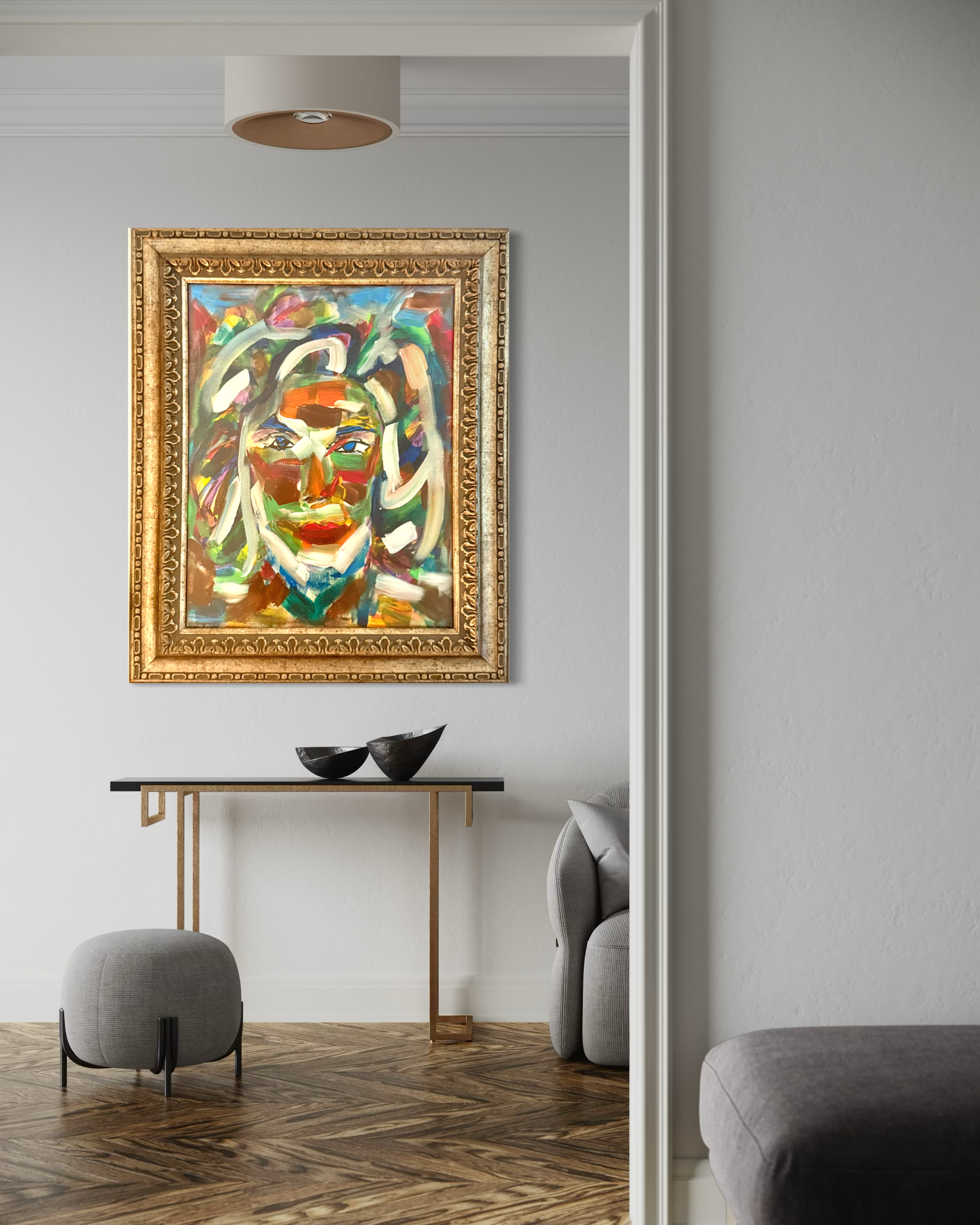 Original Abstract Portrait Oil Painting – Vivid Expressionist Face in Luxury Gold Frame