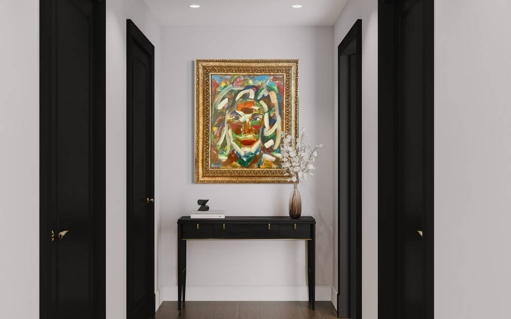 Original Abstract Portrait Oil Painting – Vivid Expressionist Face in Luxury Gold Frame