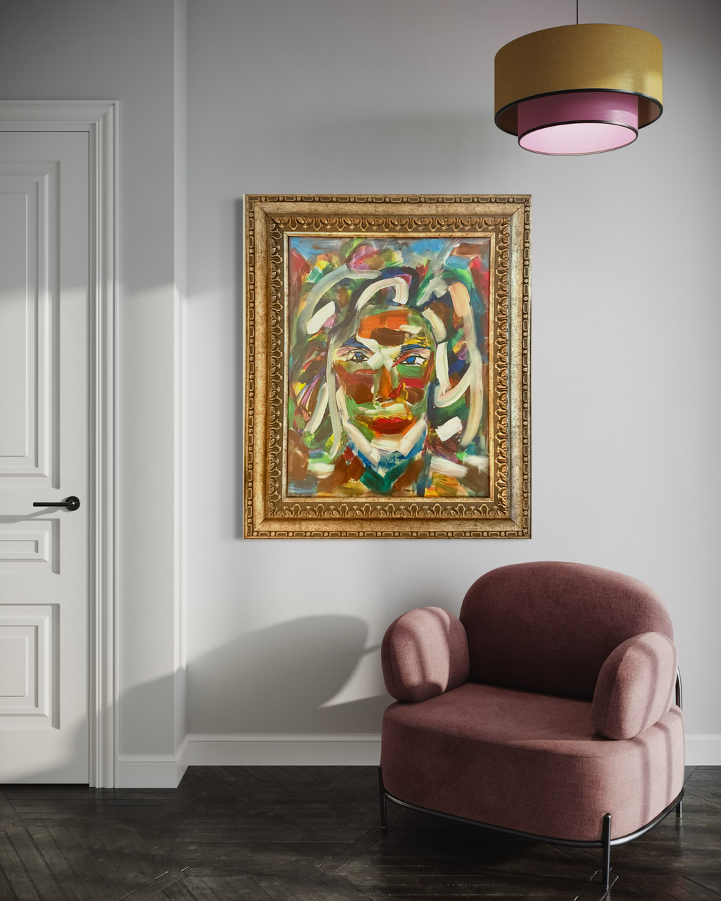 Original Abstract Portrait Oil Painting – Vivid Expressionist Face in Luxury Gold Frame