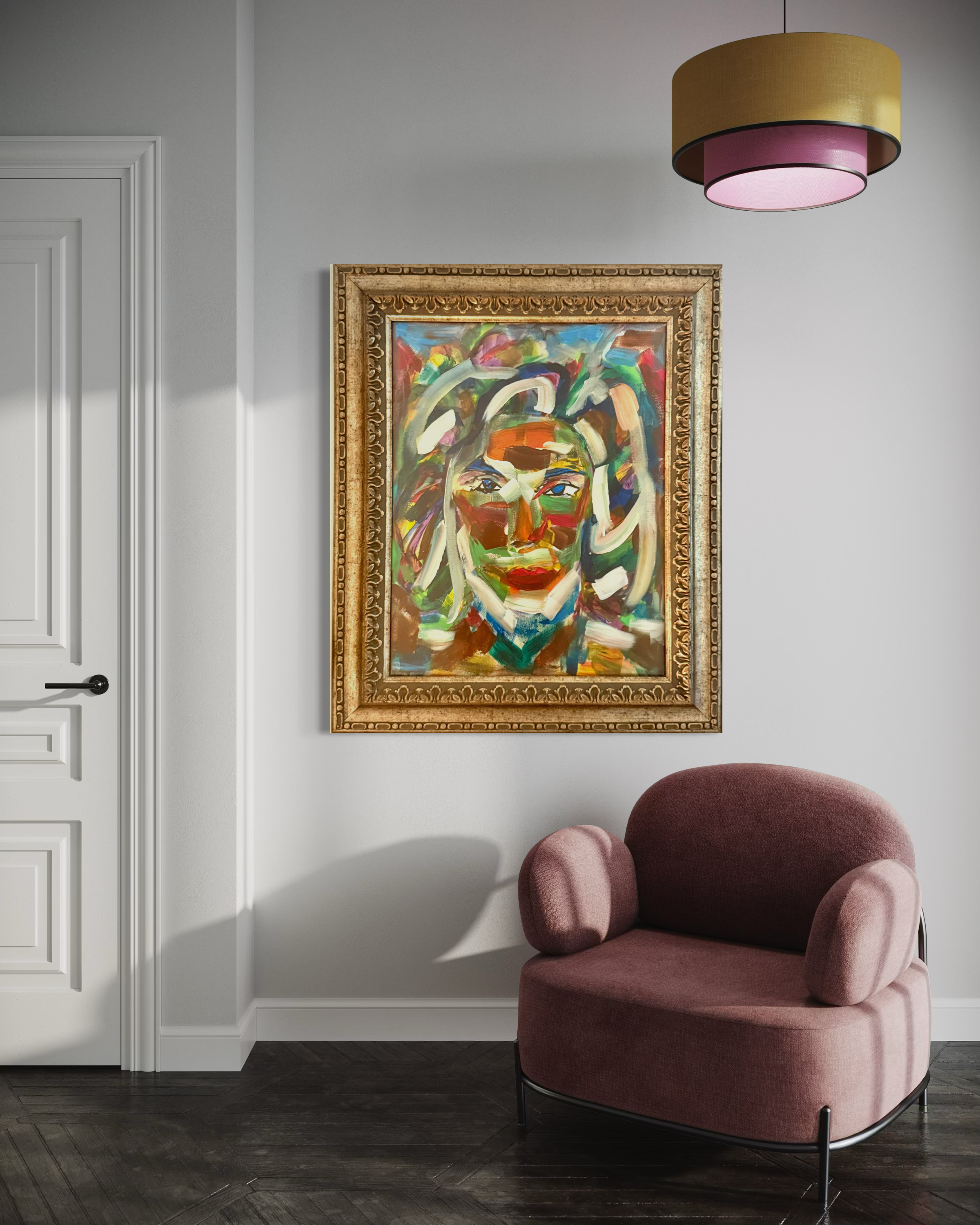 Original Abstract Portrait Oil Painting – Vivid Expressionist Face in Luxury Gold Frame