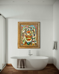 Original Abstract Portrait Oil Painting – Vivid Expressionist Face in Luxury Gold Frame