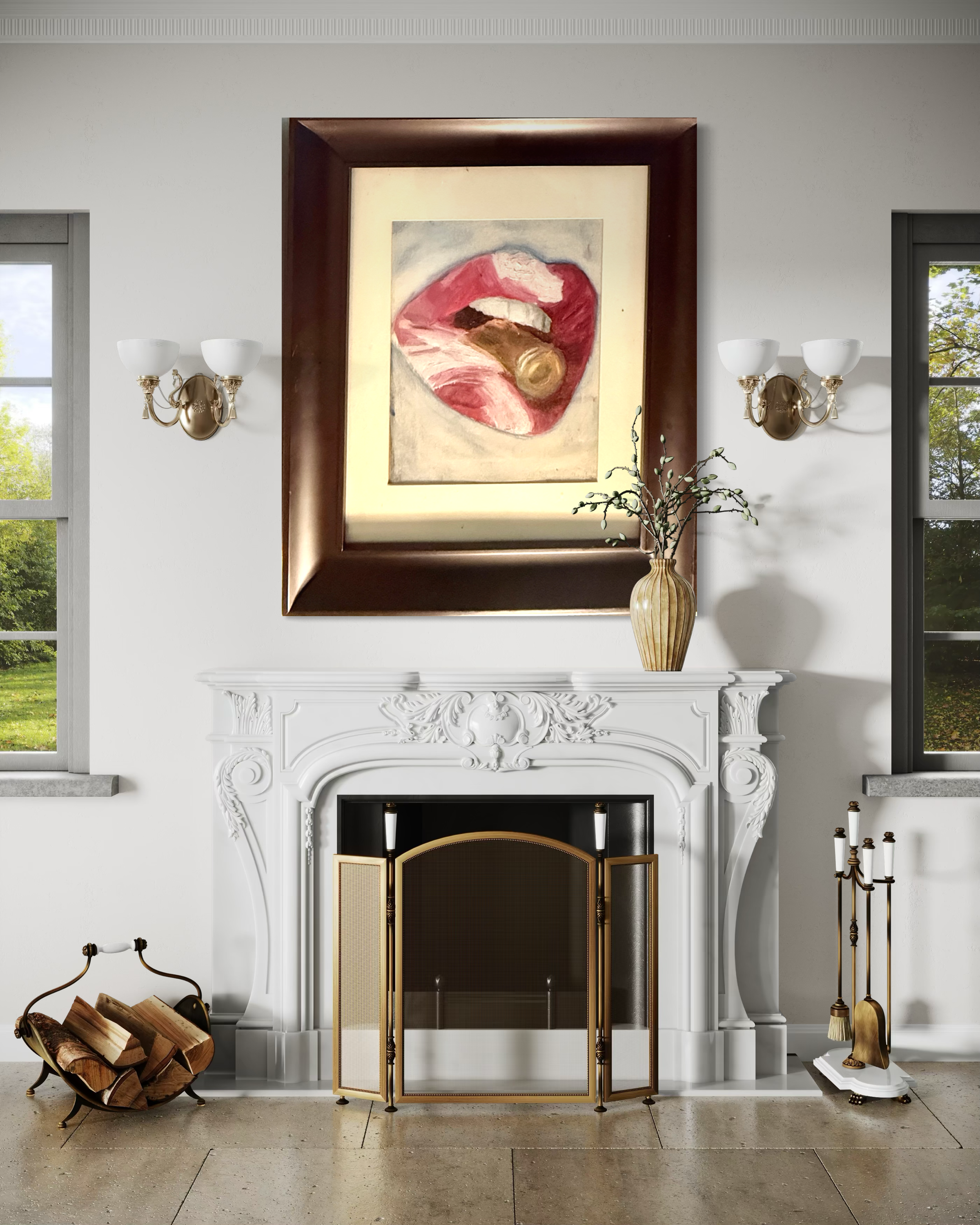 Large Framed Lips Canvas Art – Modern Pop Art Statement Painting